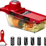 Image of a 10-in-1 Mandoline Slicer Vegetable Cutter, featuring stainless steel blades, interchangeable attachments, and a safety guard for efficient and safe food preparation.