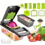 16-in-1 Multifunctional Vegetable Chopper and Slicer with interchangeable blades and built-in container.
