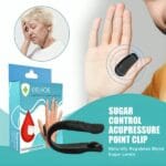 Alt Text: "LI4 Acupressure Point Clip applied between thumb and index finger for natural headache and stress relief."