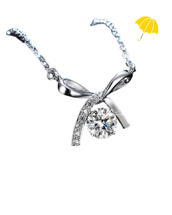 Silver rhodium-plated bow pendant necklace with rhinestone accent