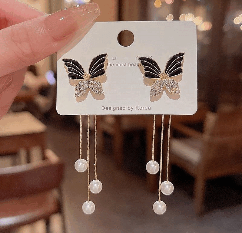 Butterfly Pearl Drop Earrings - Image 2