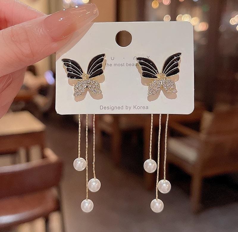 Butterfly Pearl Drop Earrings - Image 6