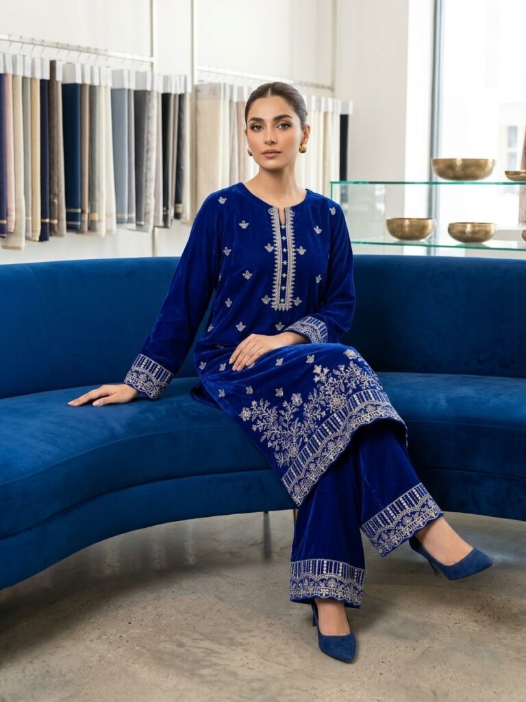 Embroidered Velvet 2-Piece Suit for Women