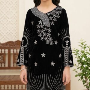 Girls' Black Velvet Embroidered Kurta Set with Embellished Trousers