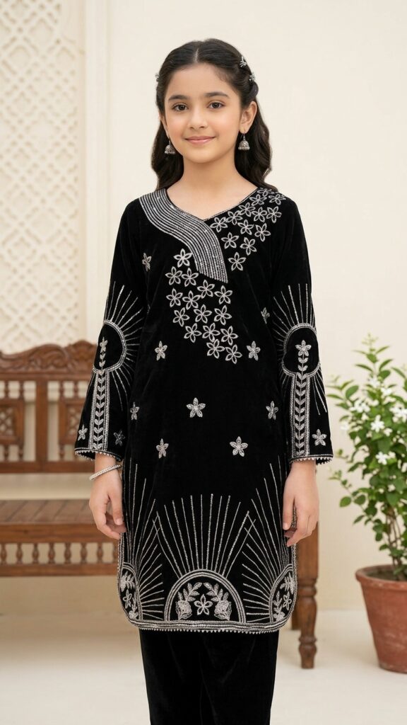 Girls' Black Velvet Embroidered Kurta Set with Embellished Trousers