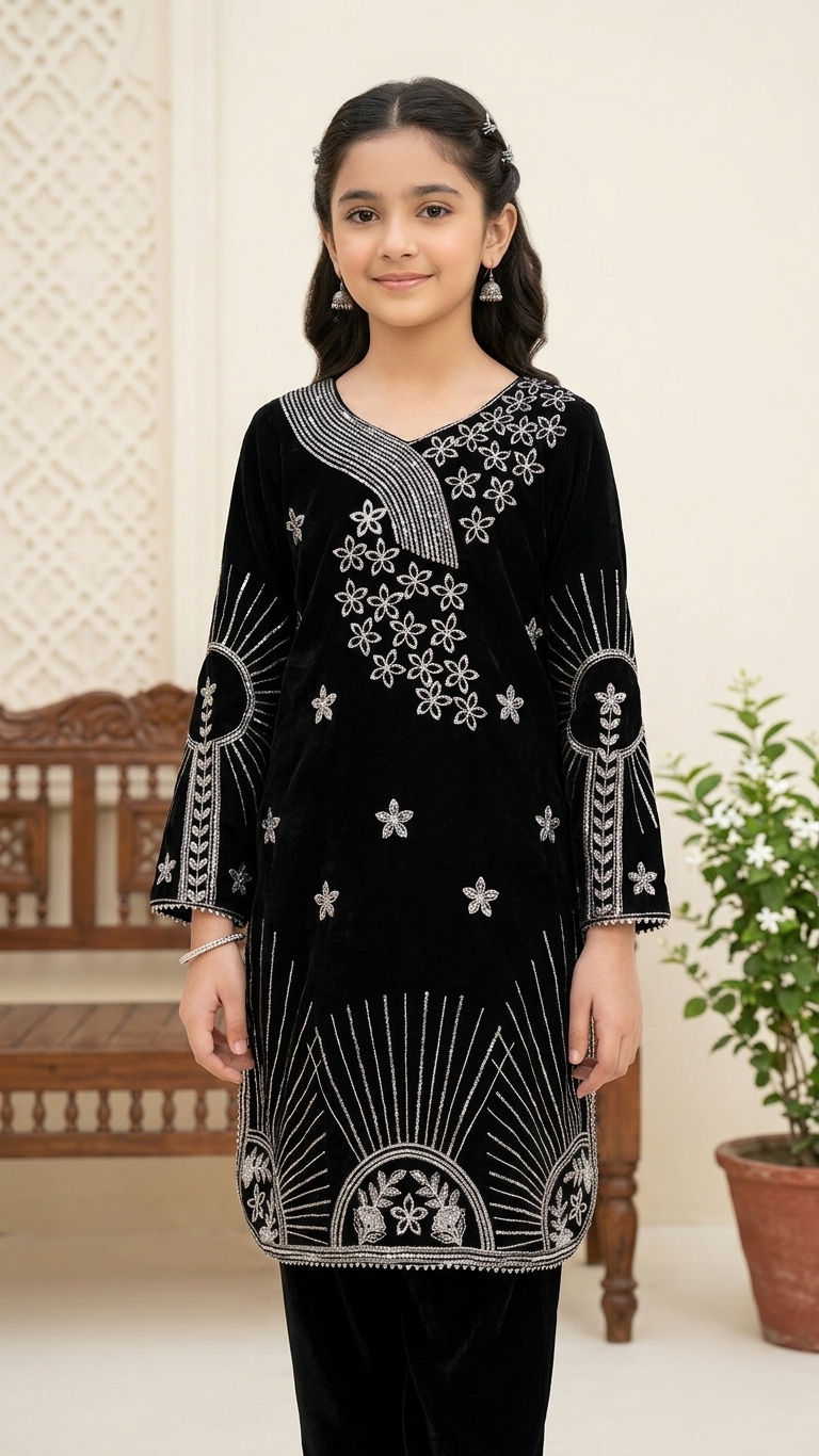 Girls' Black Velvet Embroidered Kurta Set with Embellished Trousers